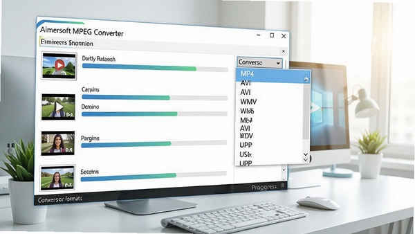 Aimersoft MPEG Converter的格式转换界面,显示多个视频文件正在批量转换,进度条清晰可见,转换格式列表下拉菜单展开,包含MP4、AVI、WMV等选项,背景为现代办公桌面,色调明亮,突出高效批量处理能力