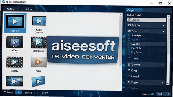 Aiseesoft TS Video Converter软件主界面展示,左侧为视频添加区域,右侧为输出格式选择面板,整体界面简洁明了,背景为深蓝色科技感风格,图标清晰立体,突出软件名称aiseesoft ts video converter,画面主体居中,细节丰富,4k高清渲染