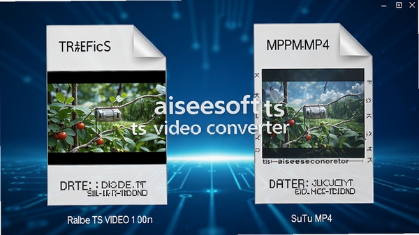 aiseesoft ts video converter软件高清视频转换过程示意图,显示原始TS视频文件与输出MP4文件画质对比,左侧为原始高清画面,右侧为转换后画面,两幅画面色彩饱满细节丰富,背景为渐变蓝色科技光效,突出无损画质转换概念,图像中心区域展示软件名称aiseesoft ts video converter水印