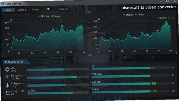 aiseesoft ts video converter软件性能优化界面截图,显示CPU与GPU占用率图表,多任务并行处理进度条,背景为深灰色科技纹理,数据图表以蓝绿色高亮显示,界面元素布局专业,突出高效稳定处理性能,画面右上角标注软件名称aiseesoft ts video converter