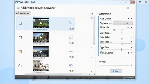 Allok Video To Mp4 Converter 主界面截图,展示软件全貌,左侧为视频添加列表区域,右侧为输出格式与参数设置面板,背景为淡雅的浅蓝色渐变,整体风格干净明亮,突出软件的专业与易用性