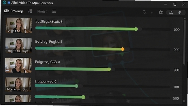Allok Video To Mp4 Converter 批量转换任务进行中的界面预览图,显示多个视频文件排队处理,进度条处于不同完成阶段,界面布局清晰,信息展示直观,背景采用深色主题以突出进度条亮色状态