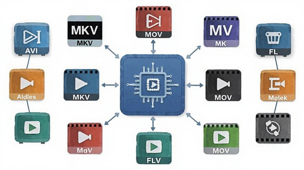 Allok Video To Mp4 Converter 格式支持示意图,画面中央为核心转换引擎,周围环绕多种常见视频格式图标如 AVI、MKV、FLV、MOV 等,采用扁平化设计风格,色彩鲜明,背景为白色,突出格式多样性与通用性