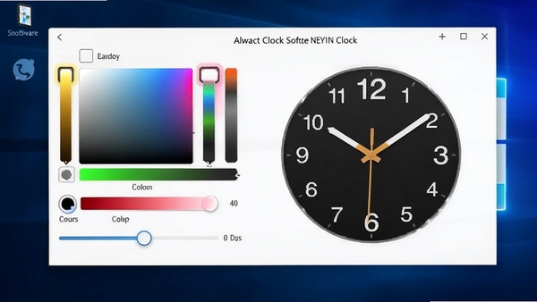 Alwact Clock软件自定义外观设置界面,展示颜色选择器与透明度调节滑块,时钟样式随调整实时变化,背景为渐变蓝色桌面,界面友好,操作直观