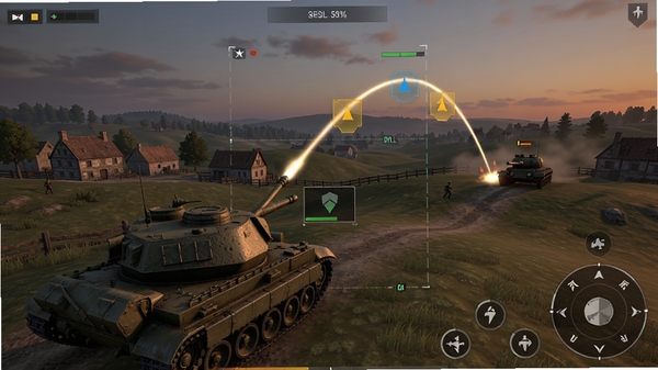 The Tank��Ϸ�ڵ�����ʾ��ͼ��һ��̹��������������������׼Զ���ĵз�̹�ˣ�����������ʾ�ڵ����е������߹켣�������ж���ʾ��װ�����������԰�͸��������ʾ��UI�������������Ϊ�ƻ�ʱ�ֵ�ŷ�����ս������Ӱ��ͣ�ϸ�ڷḻ