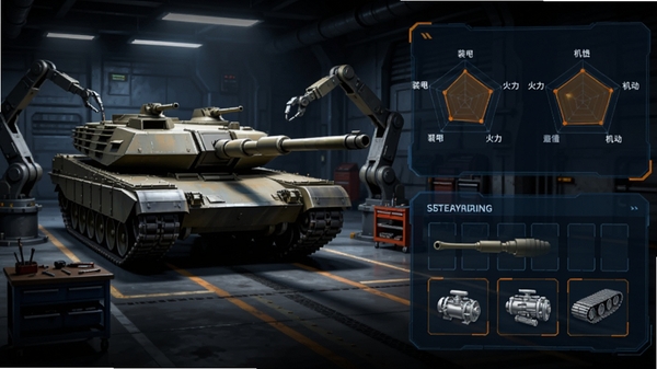 The Tank����������ͼ��һ����2̹��ͣ���ڻ谵�ĳ����У���Χ�л�е�ۺ͹���̨����Ļ�Ҳ���ʾ̹�˵�װ�ס��������������������״�ͼ���·��г��ɸ������ڹܡ����桢�Ĵ������ͼ�꣬��������������ɫ���䣬�Ƽ���ʮ��