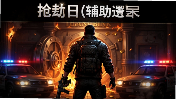 抢劫日(辅助菜单) 的游戏主视觉图,画面中央是手持武器的主角背影,背景是燃烧的银行金库与闪烁的警灯,整体色调偏暗,营造紧张刺激的犯罪氛围,横幅构图,高细节,游戏宣传图风格
