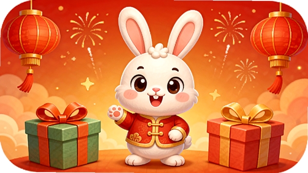 玉兔送礼软件主界面,一只可爱的玉兔卡通形象站在中央,周围环绕着礼物盒、灯笼、烟花等节日元素,背景为暖色调的红色与金色渐变,画面喜庆温馨,整体风格明亮清晰,适合作为应用预览图