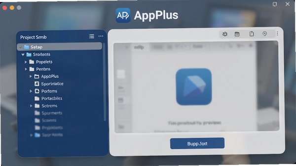 AppPlus主界面截图,展示其简洁的工具布局,左侧为项目文件树,右侧为预览窗口和打包按钮,整体采用深蓝色与浅灰搭配的现代风格,窗口背景为半透明毛玻璃效果,画面上方有AppPlus标志,细节清晰