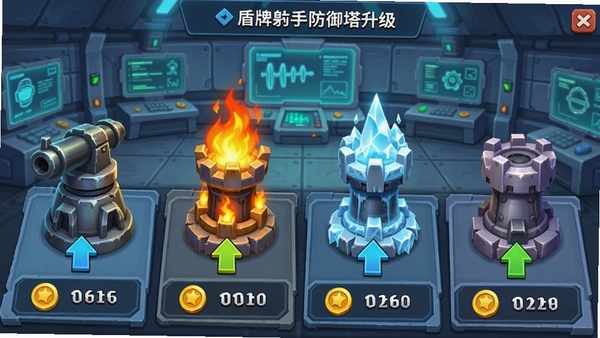 盾牌射手防御塔升级界面,展示不同种类的塔(机枪塔、火焰塔、冰冻塔)并排,有升级箭头和金币图标,背景是科技感的研究室,界面清晰,色彩鲜艳,突出塔的多样性