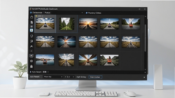 ArcSoft PhotoStudio Darkroom�����������ܽ��棬��ʾ������Ƭ����ͼ���У��ײ���Ӧ��Ԥ���ѡ�����Ϊ�������滷����ɫ��������ǿ����Ч��������������ɾ�����
