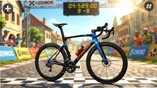 BicycleRacing游戏主界面,一辆专业公路赛车停在起跑线前,背景为阳光明媚的欧洲小镇赛道,远处有观众和计时牌,画面明亮清晰,细节丰富,适合作为游戏封面预览图