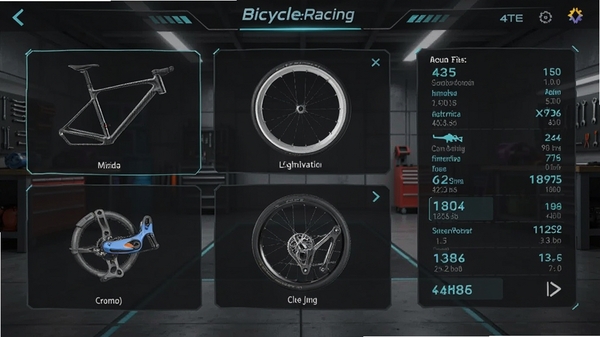 BicycleRacing车辆升级界面,展示碳纤维车架、轻量化轮组、电子变速套件等配件图标,界面采用深色科技风格,数据面板清晰,背景为虚拟改装车间