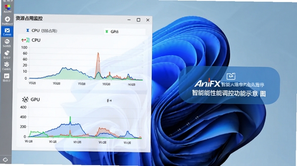 AniFX�������ܵ��ع���ʾ��ͼ������չʾ������̨����ʱ����Դռ�ü����壬ͼ����ʾCPU��GPUռ���ʼ��ͣ�����Ϊ��̬��ֽ�Զ���ͣ����ʾ״̬����������ˣ��Ƽ���Ϊ��ɫ��