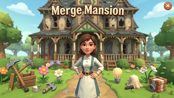 ��Ϸ������չʾ��Merge Mansion ��Ϸ���棬һλŮ�Խ�ɫվ���ƾɺ�լǰ�Ļ�԰�У���Χɢ���Ÿ��ֿɺϲ�����Ʒ�繤�ߡ����䡢���ݵȣ�������������������ͨ��Ⱦ��������ά�����Ƿ���ׯ԰������ϸ�ڷḻ��ɫ����ͣ��ʺ���Ϊ��ϷԤ��ͼ��