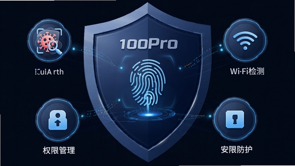 A100Pro ��ȫ�������ܸ���ͼ������Ϊ����ɫ������״���м���ָ�ƽ���ͼ�꣬��Χ�����Ų���ɨ�衢Wi-Fi��⡢Ȩ�޹����ȹ���ͼ�꣬���������ء��Ƽ���ʮ�㣬ͻ����ȫ�ɿ������󣬻������3D��Ⱦ����ӰЧ��ϸ��