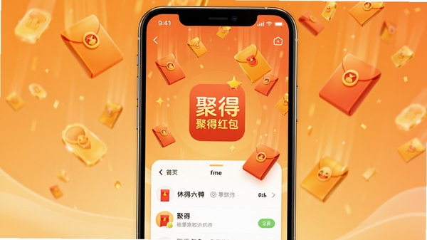 聚得红包主界面展示,手机屏幕中显示红包雨落下,金色红包元素,背景为温馨的橙色渐变,界面简洁清晰,突出聚得红包logo,整体风格活泼明亮,符合休闲赚钱应用气质