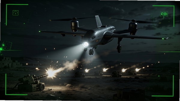 无人机战斗:现代战争3D夜战任务场景,无人机在黑暗中飞行,机头灯照亮前方,地面有敌方防空炮火的光点,屏幕边缘有夜视仪绿色调,画面紧张刺激,强调战术氛围