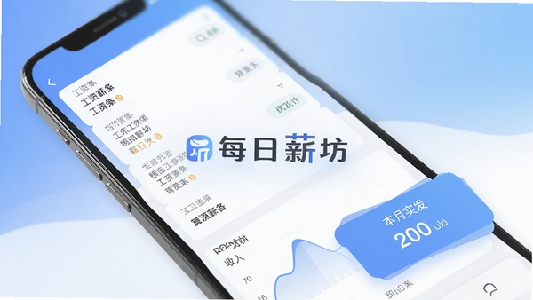 每日薪坊软件主界面预览图,手机屏幕显示工资条列表、收入统计图表和本月实发金额卡片,背景为简洁的蓝白渐变色调,界面风格清爽现代,整体氛围专业且亲和,画面中央突出“每日薪坊”Logo,四周留白便于文字排版
