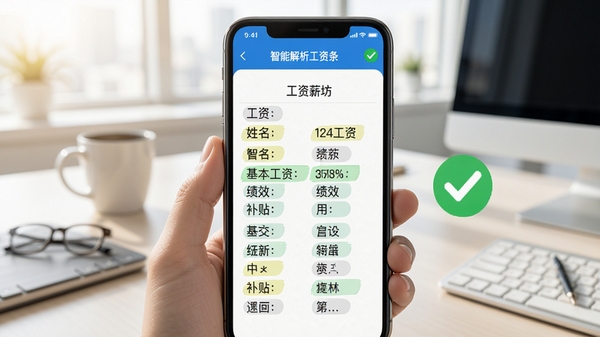 每日薪坊智能解析工资条功能展示,手机界面中工资条表格被高亮标注,自动识别姓名、基本工资、绩效、补贴等字段,旁边有绿色对勾提示校验成功,背景为办公桌面场景,光线明亮,突出软件的高效与智能