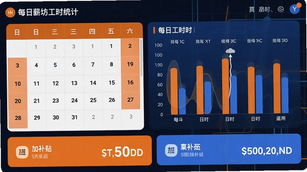 每日薪坊工时统计界面,显示日历视图和每日工时柱状图,底部有“加班补贴”金额汇总卡片,配色以橙色和蓝色为主,视觉层次分明,强调数据可视化带来的直观体验