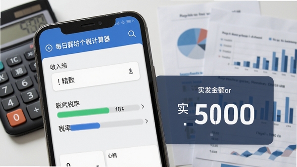 每日薪坊个税计算器界面,手机屏幕上显示收入输入框、税率进度条和实发金额大字显示,背景有计算器和财务报表元素,整体色调简洁,突出计算结果的可信度