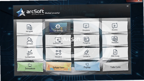 ArcSoft MediaConverter������Ԥ��ͼ��չʾ����Ķ�ý���ʽת�����ܲ��֣�����Ϊ��ɫ�Ƽ��н��棬ͻ����������ArcSoft MediaConverter��logo����Ҫ���ܰ�ť