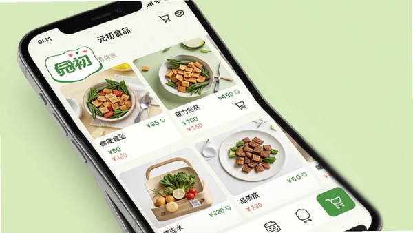 元初食品应用主界面预览图,展示健康食品分类与精选商品列表,画面背景为清新的浅绿色调,前景为手机屏幕特写,屏幕中显示元初食品APP的首页布局,包含商品图片、价格标签与购物车图标,整体风格明亮干净,突出健康、自然、品质感,适配Boogu模型生成。