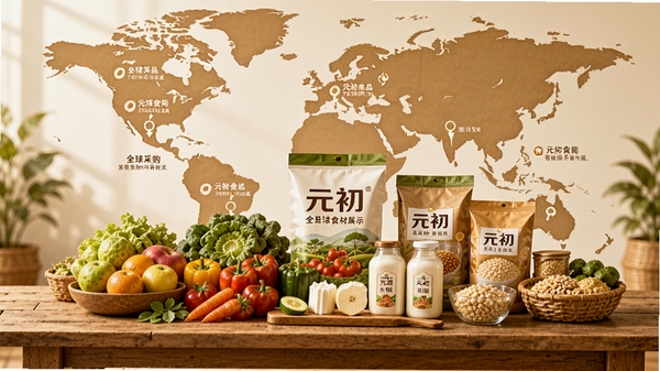 元初食品全球食材展示图,画面中央为一张木质餐桌,上面摆放着新鲜水果、蔬菜、乳制品与谷物包装,背景为世界地图轮廓,地图上标注多个产地坐标,整体色调温暖自然,突出元初食品的全球采购与品质保障,适合作为元初食品预览图。