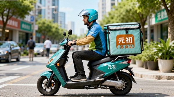 元初食品配送服务示意图,画面中一位骑手骑着电动车行驶在城市街道,身后是元初食品的保温配送箱,背景为模糊的街景与绿色植物,整体色调明亮,突出快速、可靠、环保的配送服务,适合作为元初食品预览图。