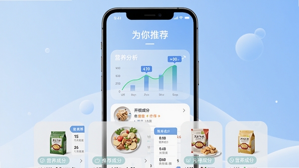 元初食品智能推荐功能预览图,画面展示手机屏幕中营养分析图表与推荐商品卡片,背景为柔和的渐变蓝色,屏幕上方显示“为你推荐”字样,下方陈列几款健康食品,配以营养成分标签,整体风格现代简约,突出智能化与个性化服务。