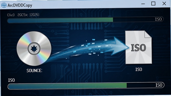 ArcDVDDCopy软件正在进行DVD光盘镜像制作,界面上显示进度条和数据读取速率,源光盘图标与目标ISO文件图标之间有动态数据传输效果,背景为深蓝色科技感风格