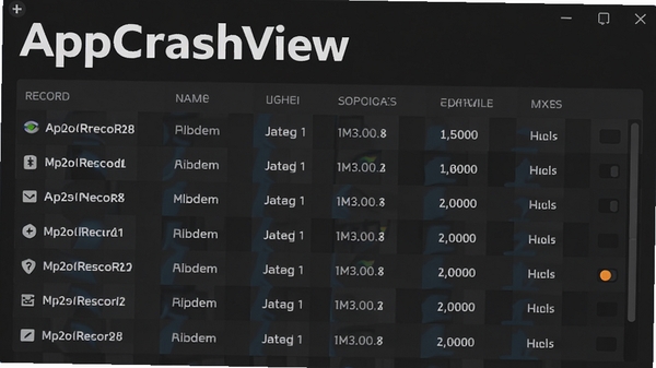 AppCrashView主界面截图,深色背景,表格清晰列出崩溃记录,软件名称醒目显示,整体风格简洁专业