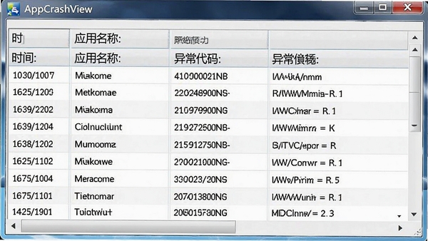 AppCrashView软件界面展示崩溃记录表格,包含时间、应用名称、异常代码等列,数据清晰排列,软件名称为标题