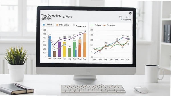 Time Detective 数据报表界面展示,包含彩色柱状图与折线图,统计一周内各类应用使用时长,背景为白色办公桌面,整体风格清爽,信息可视化清晰