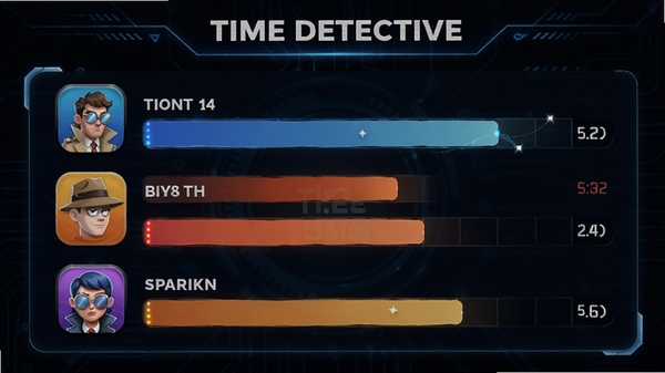 Time Detective 应用使用排行榜界面,展示前五名应用图标与时长条,背景为深色科技风格,突出数据对比与竞争感,画面具有视觉冲击力