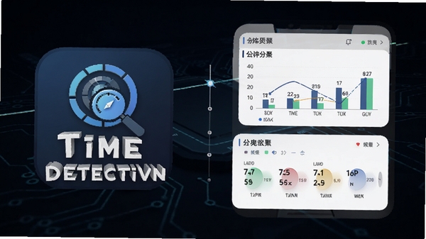Time Detective 手机应用主界面,展示时间轴与分类统计图表,背景为深色科技感风格,前景清晰显示应用名称 Time Detective 的图标与数据面板,整体风格简洁现代,适合应用商店预览图