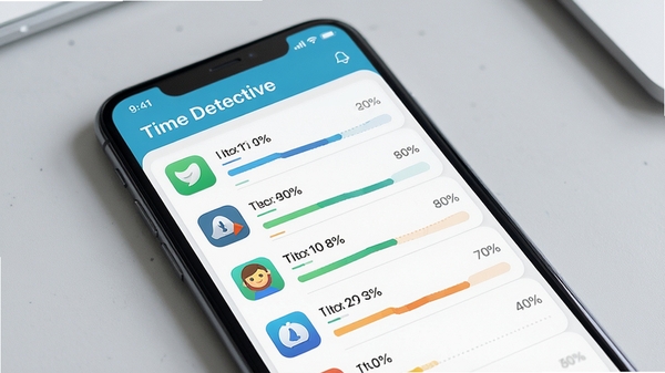 Time Detective 自动追踪功能示意图,手机屏幕显示应用使用时长列表,每个应用图标旁标注时间百分比,背景为浅灰色桌面,图表配色清新,文字清晰可读