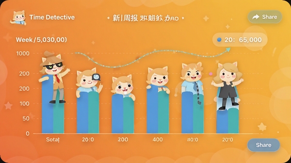 Time Detective 新版本周报功能界面,展示一周时间统计条形图,背景为暖色渐变,图表数据清晰,带有分享按钮,整体风格明亮友好