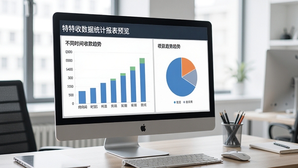 特特收数据统计报表预览,屏幕上展示着柱状图与饼状图,分析不同时间段的收款趋势,背景为办公室桌面,风格专业简约,强调软件的数据分析能力