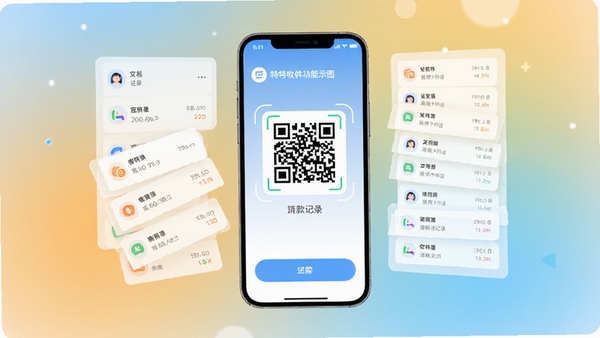 特特收软件功能示意图,画面中央展示手机中生成收款二维码的界面,周围环绕着交易记录列表的抽象元素,背景采用柔和的渐变色,突出软件聚合收款与清晰记录的核心功能