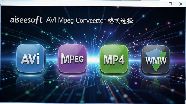 Aiseesoft AVI Mpeg Converter��ʽѡ����棬չʾ������Ƶ��ʽͼ����AVI, MPEG, MP4, WMV����3Dͼ����ʽ���У�����Ϊ�Ƽ��й�Ч��ɫ�����ޣ�ͻ������ǿ��ĸ�ʽ�����ԡ�