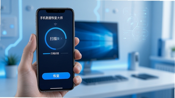 手机数据恢复大师主界面展示,手机屏幕中显示扫描进度与恢复按钮,背景为现代简约科技风格,蓝色调为主,画面清晰明亮