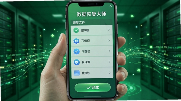 手机数据恢复大师恢复成功界面,显示恢复文件列表与完成按钮,背景为绿色科技感,数据流动效果,突出成功喜悦