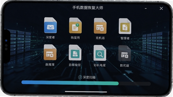 手机数据恢复大师扫描界面,显示各类文件图标与扫描进度条,背景为深色科技感,数据流线条点缀,突出深度扫描功能