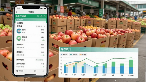 森果产地通主界面展示,手机屏幕显示采购单列表和库存统计图表,背景是水果批发市场,远处有装满苹果的纸箱,画面清晰,色彩明亮,突出软件功能界面