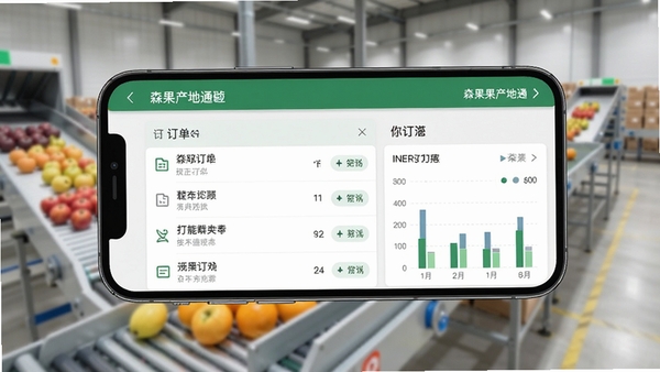 一张手机横屏界面的森果产地通软件主界面预览图,背景是模糊的现代化水果分拣仓库,前景清晰展示软件内的订单列表和库存图表,整体风格专业且明亮