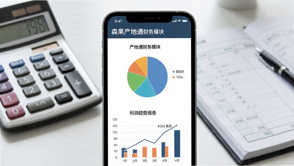 森果产地通财务模块的饼状图与柱状图报表展示,手机屏幕内显示清晰的利润趋势曲线,背景为办公桌上的计算器与账本,画面简洁明了