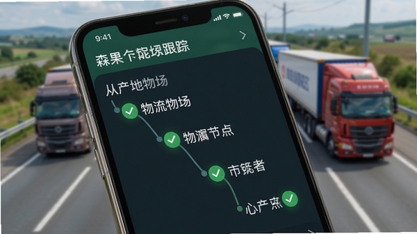 森果产地通软件订单跟踪功能特写,手机界面显示一条从产地到市场的物流节点时间线,每个节点配有绿色对勾图标,画面背景为高速公路与货车,体现高效流转