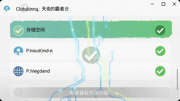 歧路旅人:大的霸者安装器智能检测功能截图,屏幕上显示绿色对勾的检测项列表,包括存储空间、系统版本、网络状态,背景为手机设置风格界面,整体风格清爽,带有科技感光效